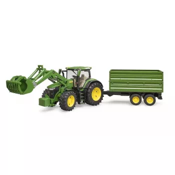 Tractor BRUDER John Deere 7R 350 with frontloader and tandemaxle tipping trailer, plastic, age 3+