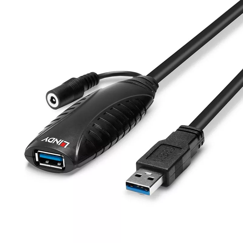 Lindy 10m USB 3.0 Active Extension, 10 m, USB A, USB A, USB 3.2 Gen 1 (3.1 Gen 1), 5 Gbit/s, Black