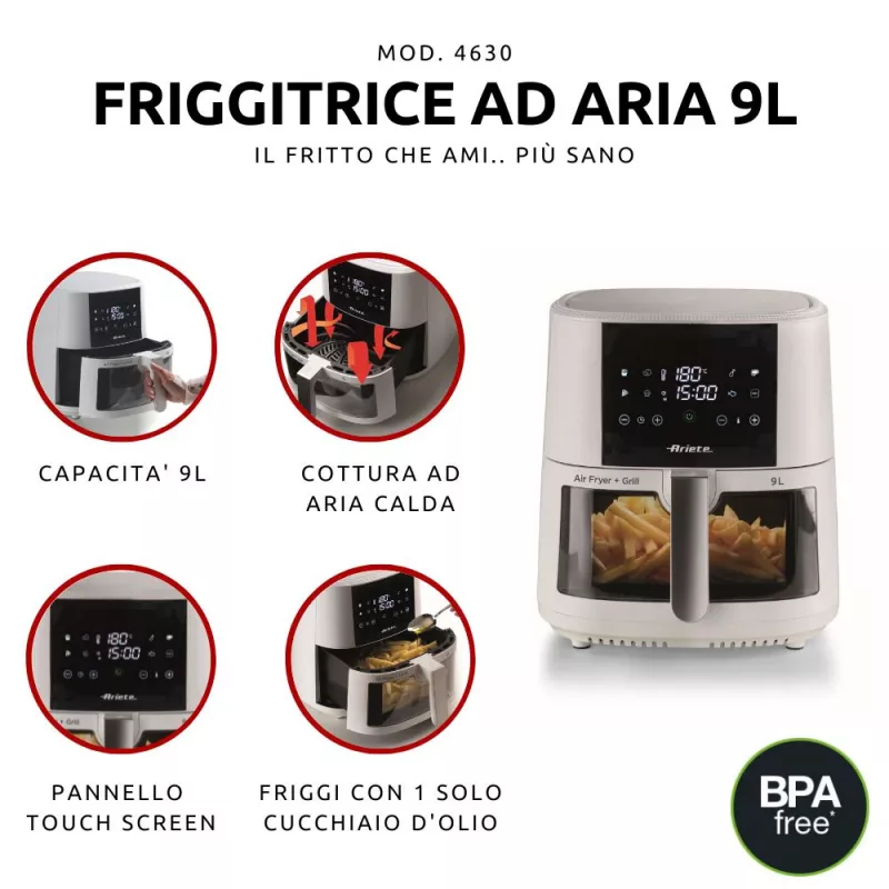 Ariete 4630/03 air fryer, 9 L, 1500 W, 3.5 kg capacity, up to 200°C, touch control, White