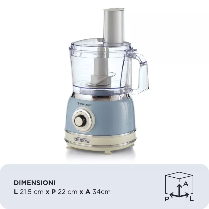 Food processor ARIETE Vintage Line 1781/05 — 1000 W, 2.1 L bowl, rotary control, stainless steel blade, blue