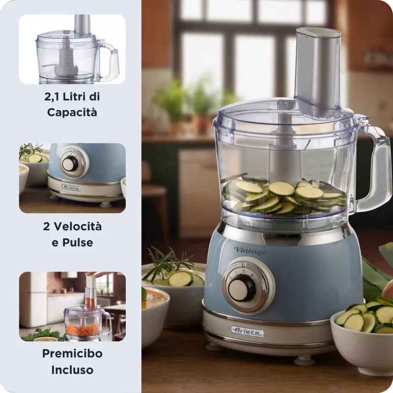 Food processor ARIETE Vintage Line 1781/05 — 1000 W, 2.1 L bowl, rotary control, stainless steel blade, blue