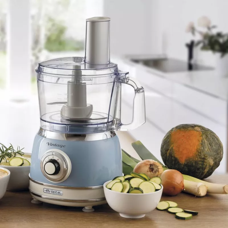 Food processor ARIETE Vintage Line 1781/05 — 1000 W, 2.1 L bowl, rotary control, stainless steel blade, blue
