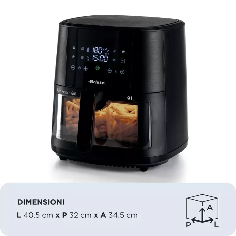 Ariete 4630/00 air fryer, 9 L, 1500 W, 3.6 kg load capacity, 7 programs, up to 200°C, viewing window, Black
