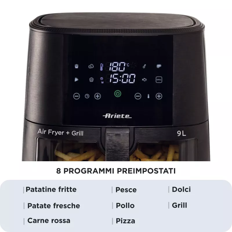 Ariete 4630/00 air fryer, 9 L, 1500 W, 3.6 kg load capacity, 7 programs, up to 200°C, viewing window, Black