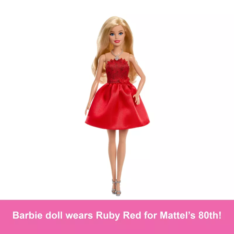 Barbie Mattel 80th Anniversary Ruby-Red Celebration Fashion Doll Wearing Red Dress with Accessories