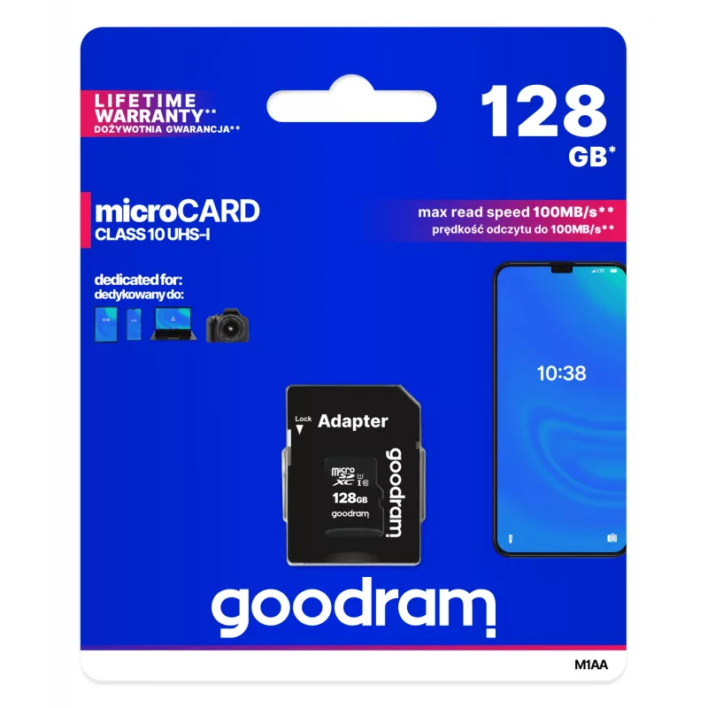 MicroSDXC flash memory GOODRAM 128GB UHS‑I Class 10 (read 100 MB/s, write 10 MB/s) with SD adapter