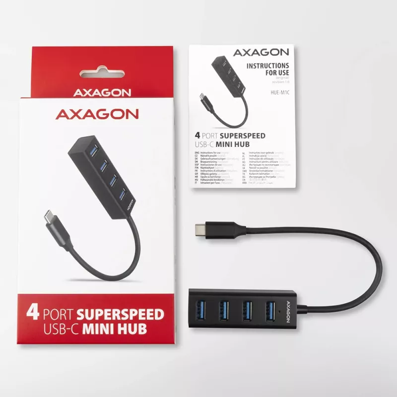 Axagon HUE-M1C 4x USB 3.2 Gen 1 MINI hub, metal, 20cm USB-C cable