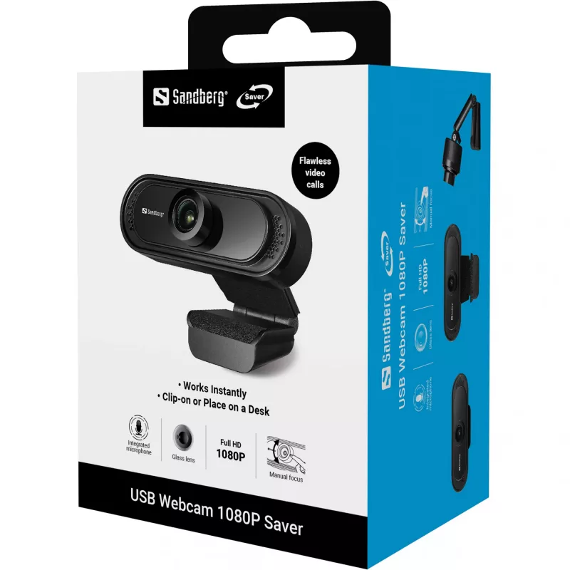 Sandberg USB Webcam 1080P Saver, 2 MP, 1920 x 1080 pixels, Full HD, 30 fps, 1920x1080@30fps, 1080p