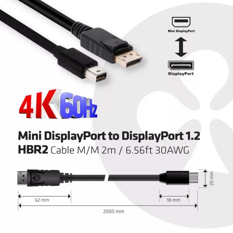 CLUB3D Mini DisplayPort to DisplayPort 1.2 M/M 2m/6.56ft 4K60Hz