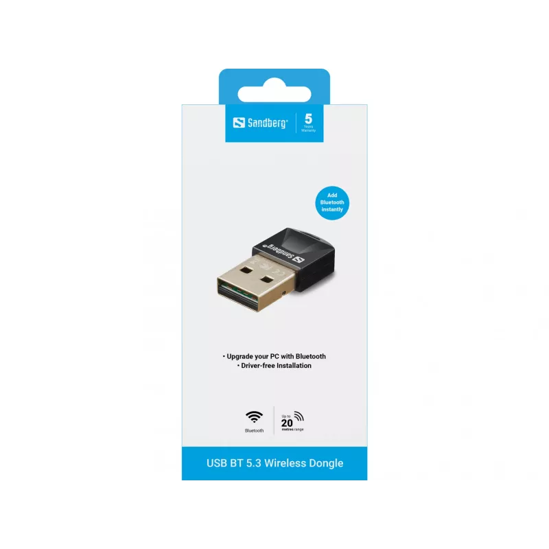 Sandberg USB BT 5.3 Wireless Dongle, Wireless, USB, Bluetooth, 3 Mbit/s, Black