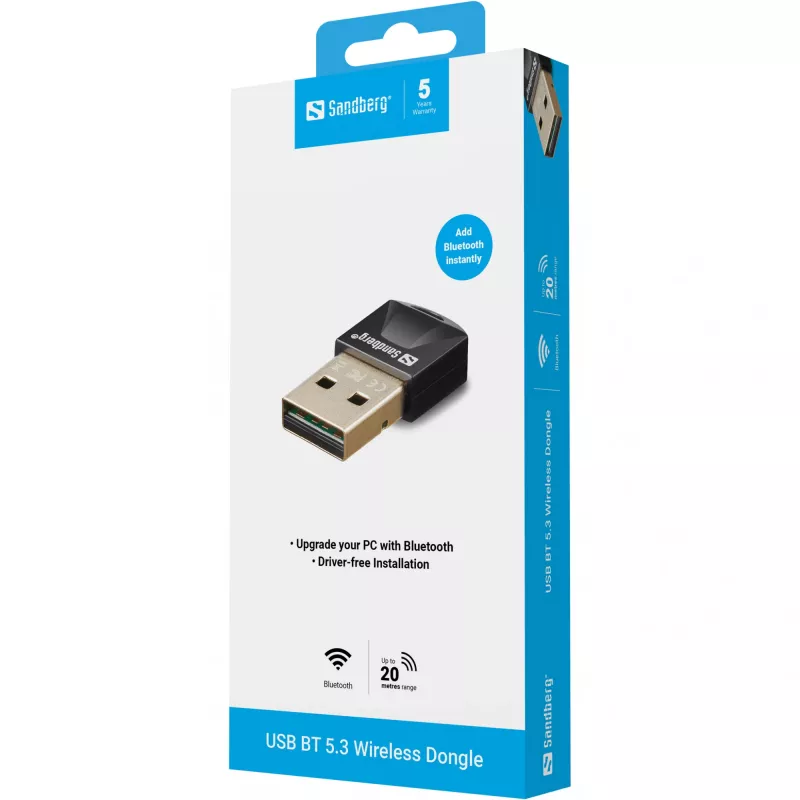Sandberg USB BT 5.3 Wireless Dongle, Wireless, USB, Bluetooth, 3 Mbit/s, Black