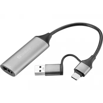 Sandberg HDMI Capture Link to USB-C/A, HDMI Type A (Standard), USB Type-A + USB Type-C, Female, Male, Straight, Straight