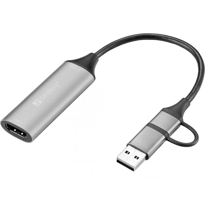 Sandberg HDMI Capture Link to USB-C/A, HDMI Type A (Standard), USB Type-A + USB Type-C, Female, Male, Straight, Straight