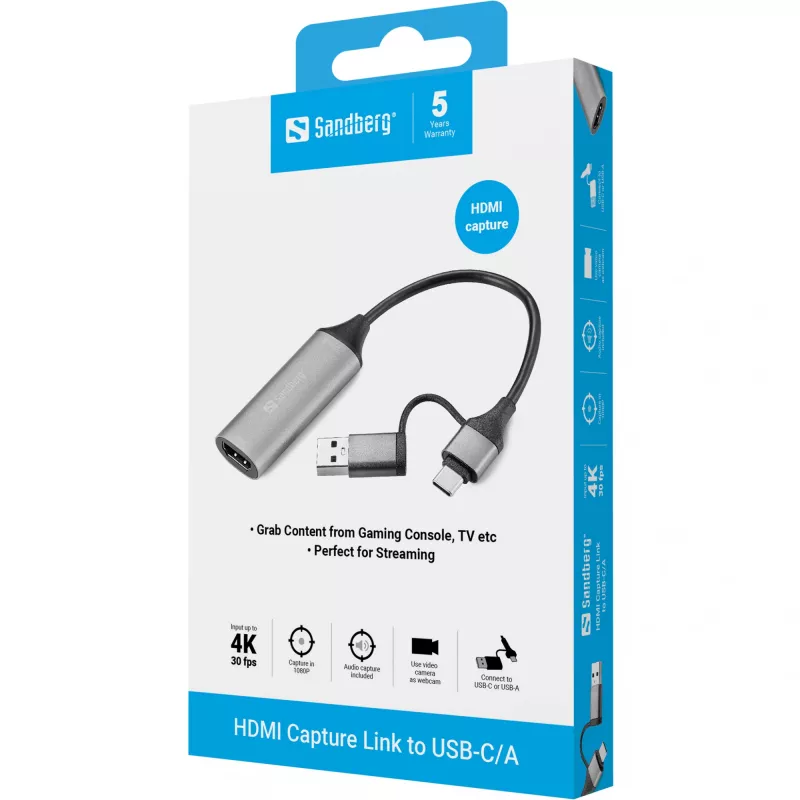 Sandberg HDMI Capture Link to USB-C/A, HDMI Type A (Standard), USB Type-A + USB Type-C, Female, Male, Straight, Straight