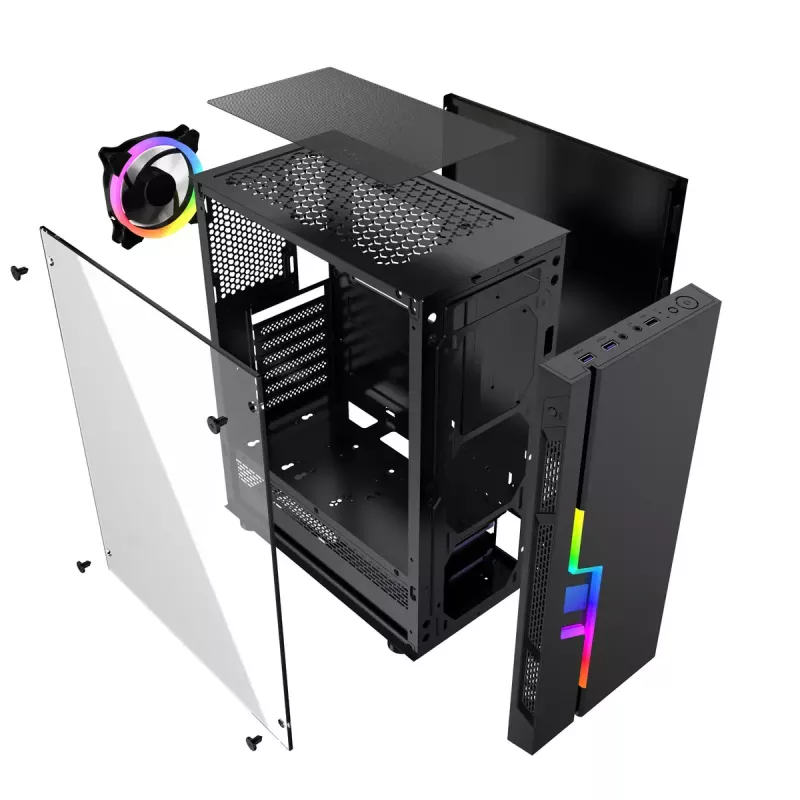 PC Case GEMBIRD Fornax 2000 RGB Midi Tower Black — Micro ATX/ITX/ATX, 1x120mm rear fan, 2x2.5 inch bays, 2x3.0 USB-A, Tempered glass