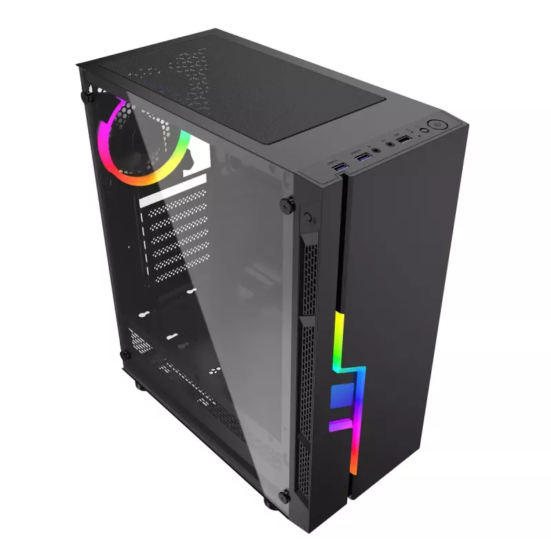 PC Case GEMBIRD Fornax 2000 RGB Midi Tower Black — Micro ATX/ITX/ATX, 1x120mm rear fan, 2x2.5 inch bays, 2x3.0 USB-A, Tempered glass