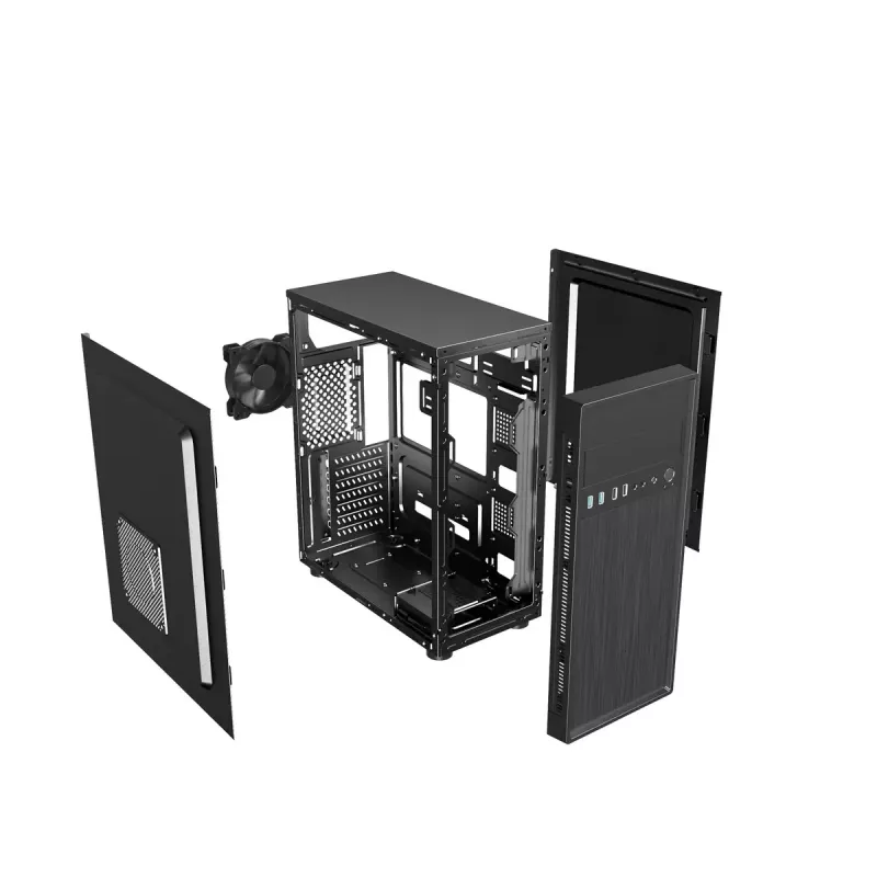 PC case GEMBIRD Fornax 160 Mini Tower — black, SPCC, supports ITX/mATX/ATX, 1×3.5 inch + 3×2.5 inch bays, 7 expansion slots, 445×185×390 mm