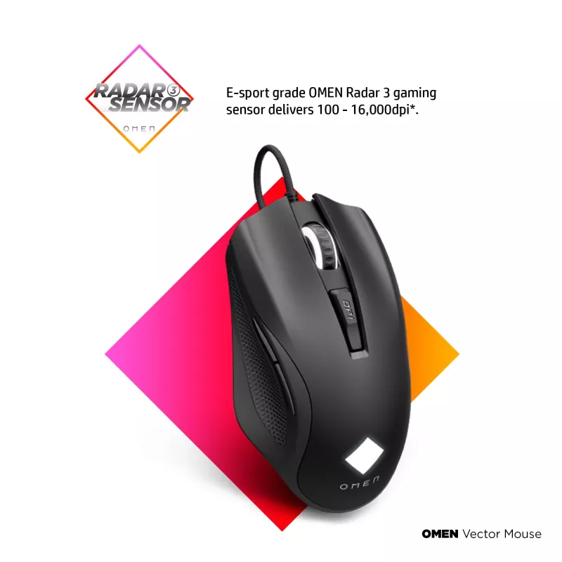 HP OMEN Vector Mouse, Right-hand, IR LED, USB Type-A, 16000 DPI, 1 ms, Black