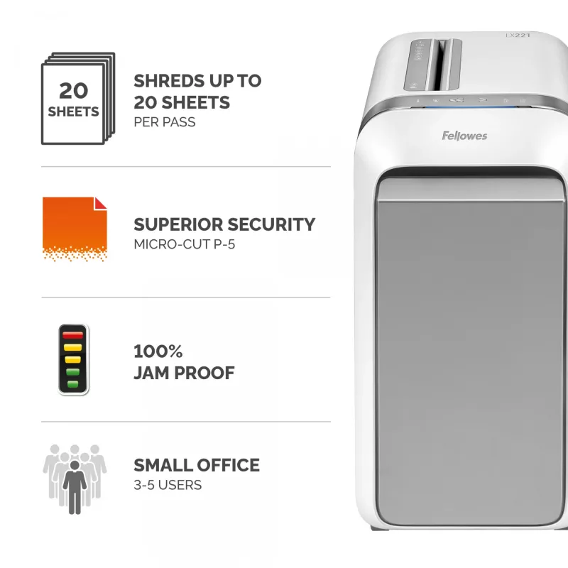 Fellowes LX Series Paper Shredder LX221 20 Sheet Micro Cut Shredder with 30 Litre Pull Out Bin Superior Security P5 White