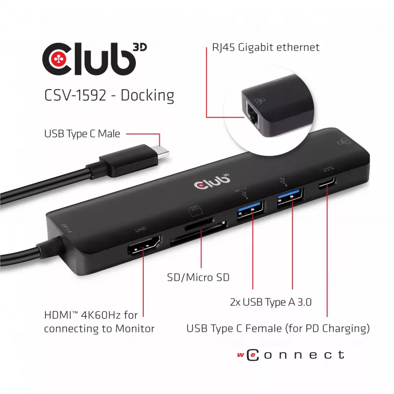 CLUB3D USB type C 7in1 Hub HDMI 4K60Hz SD TF Card slot 2x USB Type A USB Type C PD RJ45 Works with Thunderbolt 3