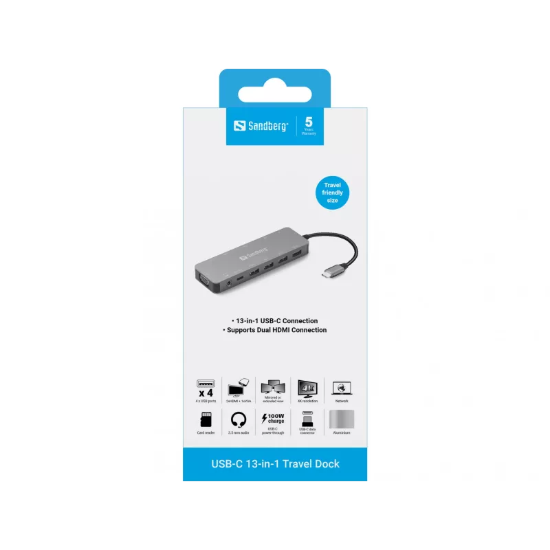 Sandberg USB-C 13-in-1 Travel Dock, USB Type-C, 100 W Power Delivery, Ethernet 1000 Mbit/s