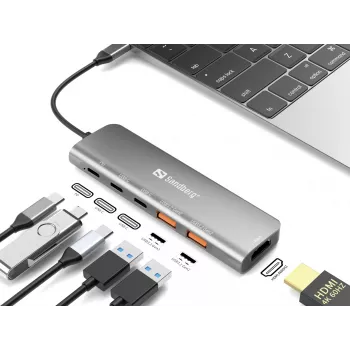 Sandberg USB-C Dock HDMI + 2xUSB-A + 2xUSB-C + PD100W, Wired, USB 3.2 Gen 1 (3.1 Gen 1) Type-C, 100 W, Aluminium, 4K Ultra HD, 3840 x 2160 pixels
