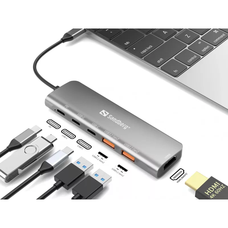 Sandberg USB-C Dock HDMI + 2xUSB-A + 2xUSB-C + PD100W, Wired, USB 3.2 Gen 1 (3.1 Gen 1) Type-C, 100 W, Aluminium, 4K Ultra HD, 3840 x 2160 pixels
