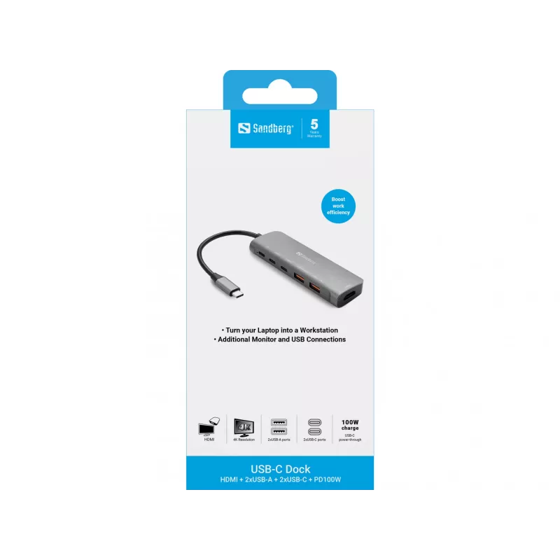 Sandberg USB-C Dock HDMI + 2xUSB-A + 2xUSB-C + PD100W, Wired, USB 3.2 Gen 1 (3.1 Gen 1) Type-C, 100 W, Aluminium, 4K Ultra HD, 3840 x 2160 pixels