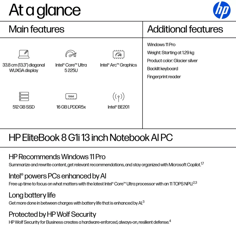 HP EliteBook 8 G1i AI Intel Core Ultra 5 225U Laptop 33.8 cm (13.3 inch) WUXGA 16 GB LPDDR5x-SDRAM Wi-Fi 7 (802.11be) Windows 11 Pro AI PC