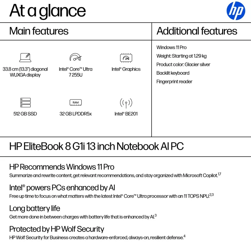 HP EliteBook 8 G1i AI PC Intel Core Ultra 7 255U Laptop 33.8 cm (13.3 inch) WUXGA 32 GB LPDDR5x-SDRAM Wi-Fi 7 (802.11be) Windows 11 Pro