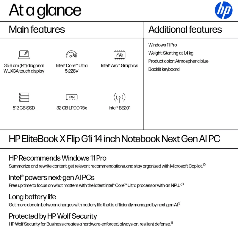 Notebook HP EliteBook X Flip G1i Hybrid 2-in-1 Intel Core Ultra 5 228V 14 inch WUXGA Touch 32 GB LPDDR5x 512 GB SSD Wi‑Fi 7 Windows 11 Pro Blue