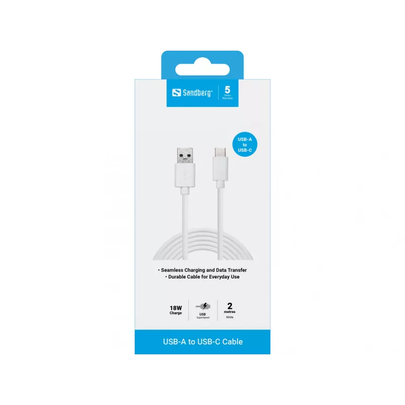 Sandberg USB-C 3.1 USB-A 3.0 2M, 2 m, USB C, USB A, USB 3.2 Gen 1 (3.1 Gen 1), Male/Male, White