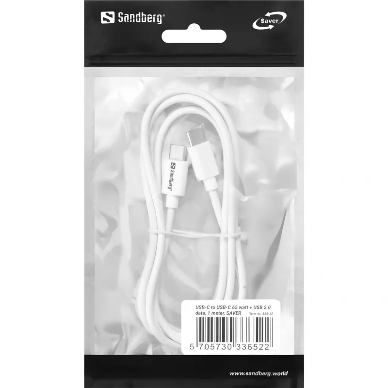 Sandberg USB-C USB-C 65W 1M SAVER, 1 m, USB C, USB C, USB 2.0, White