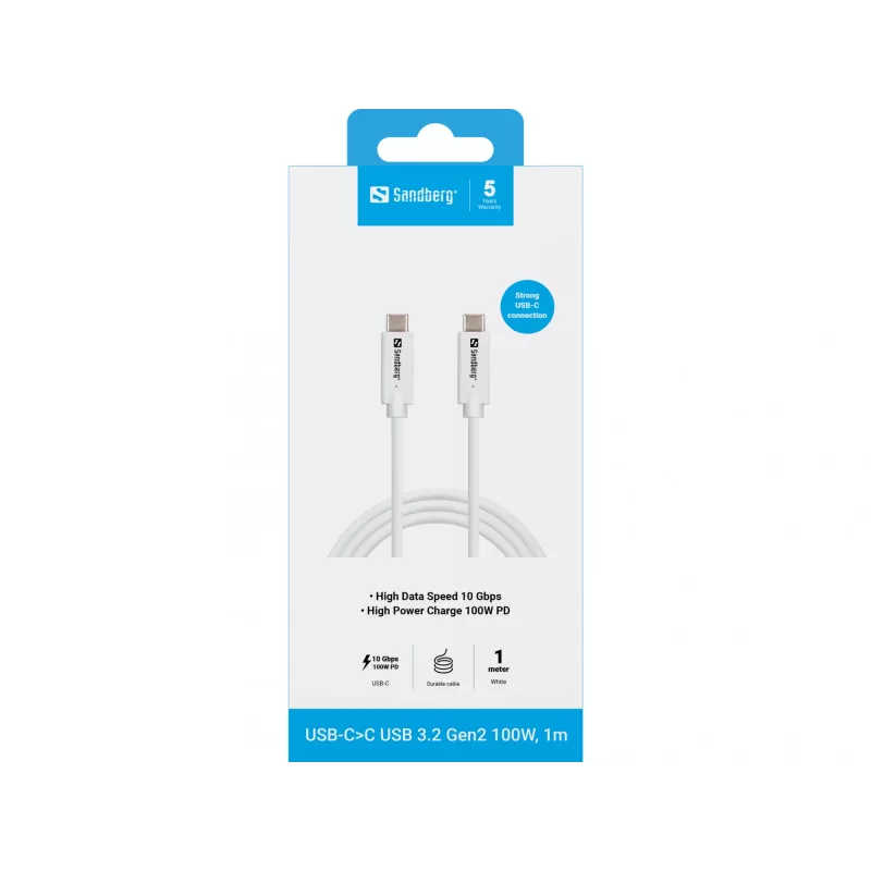 Sandberg USB-CC USB 3.2 Gen2 100W, 1M, 1 m, USB C, USB C, USB 3.2 Gen 2 (3.1 Gen 2), 10 Gbit/s, White