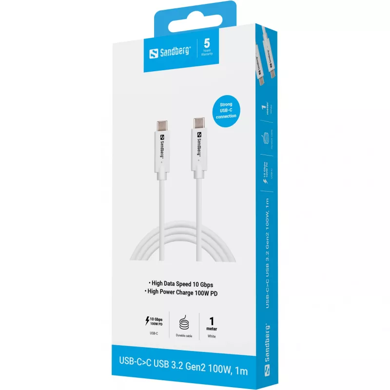 Sandberg USB-CC USB 3.2 Gen2 100W, 1M, 1 m, USB C, USB C, USB 3.2 Gen 2 (3.1 Gen 2), 10 Gbit/s, White