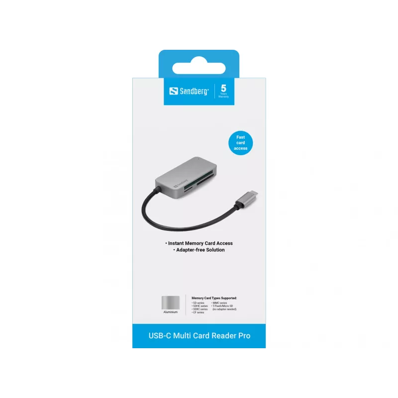 Sandberg USB-C Multi Card Reader Pro, CF, MMC, MicroSD (TransFlash), SD, SDHC, SDXC, xD, Black, USB 3.2 Gen 1 (3.1 Gen 1) Type-C, 1 pc(s), 82 mm, 23 mm