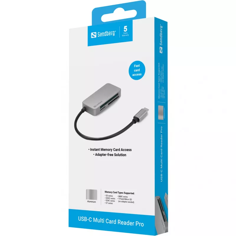 Sandberg USB-C Multi Card Reader Pro, CF, MMC, MicroSD (TransFlash), SD, SDHC, SDXC, xD, Black, USB 3.2 Gen 1 (3.1 Gen 1) Type-C, 1 pc(s), 82 mm, 23 mm