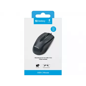 Sandberg USB-C Mouse, Ambidextrous, Optical, USB Type-C, 1200 DPI, Black