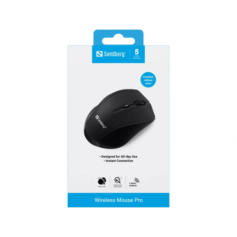 Sandberg Wireless Mouse Pro, Right-hand, Optical, RF Wireless, 1600 DPI, Black