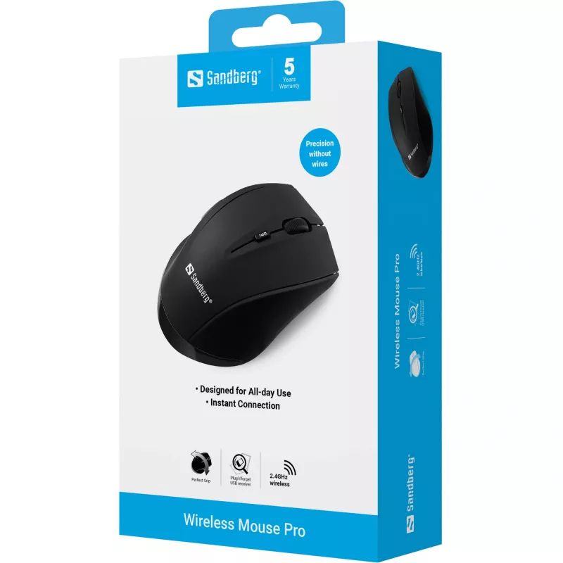 Sandberg Wireless Mouse Pro, Right-hand, Optical, RF Wireless, 1600 DPI, Black