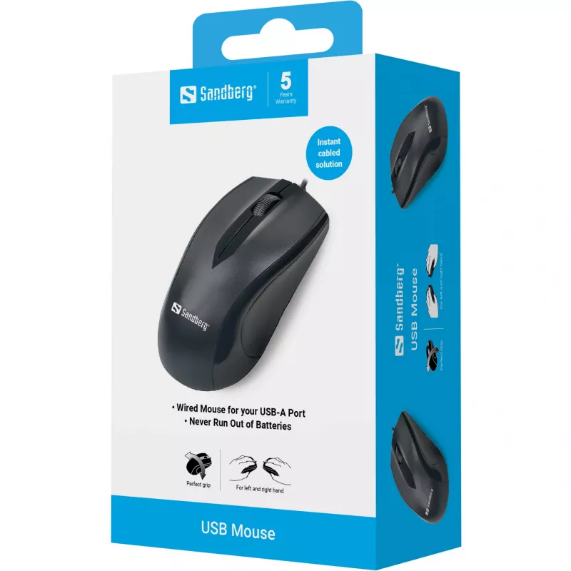Sandberg USB Mouse, Right-hand, Optical, USB Type-A, 1200 DPI, Black