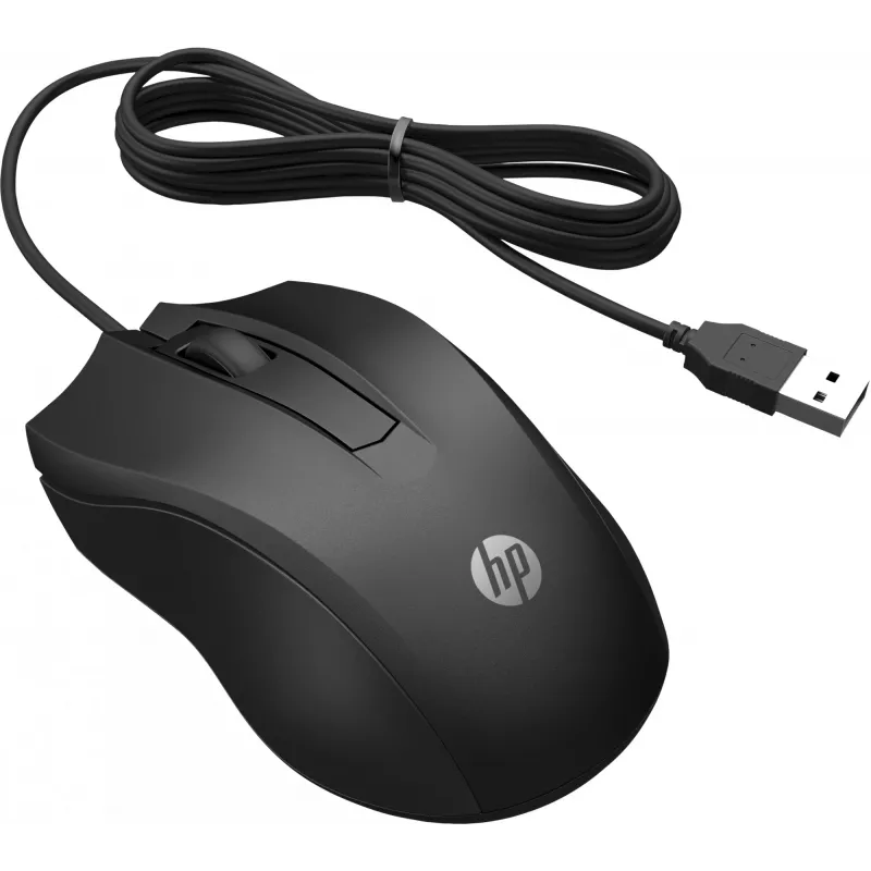 HP Wired Mouse 100, Ambidextrous, Optical, USB Type-A, 1600 DPI, Black