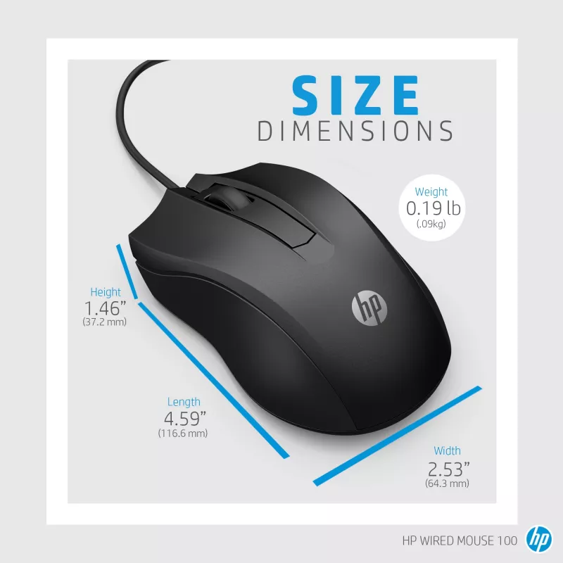HP Wired Mouse 100, Ambidextrous, Optical, USB Type-A, 1600 DPI, Black
