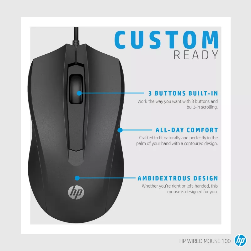 HP Wired Mouse 100, Ambidextrous, Optical, USB Type-A, 1600 DPI, Black