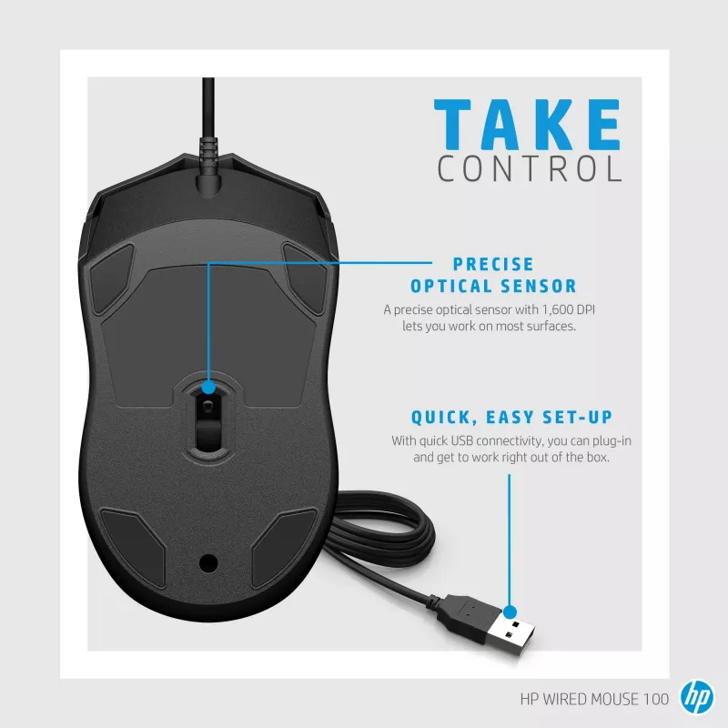 HP Wired Mouse 100, Ambidextrous, Optical, USB Type-A, 1600 DPI, Black