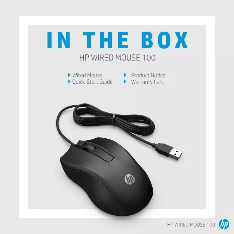 HP Wired Mouse 100, Ambidextrous, Optical, USB Type-A, 1600 DPI, Black