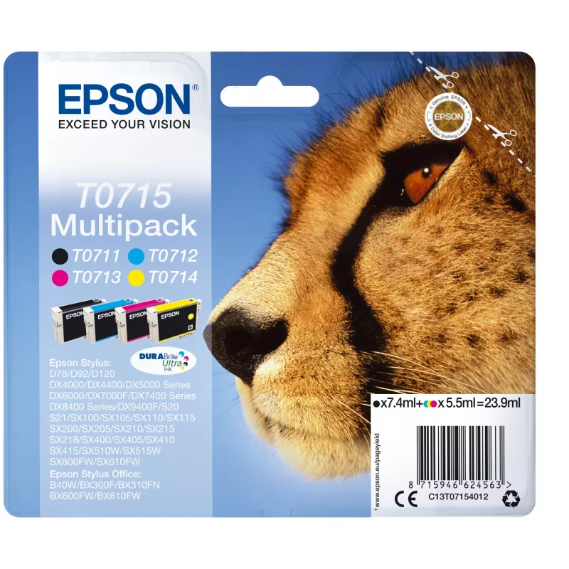 Epson Multipack 4-colours T0715 DURABrite Ultra Ink, Black, Cyan, Magenta, Yellow, 7.4 ml, 5.5 ml, 1 pc(s), Multi pack