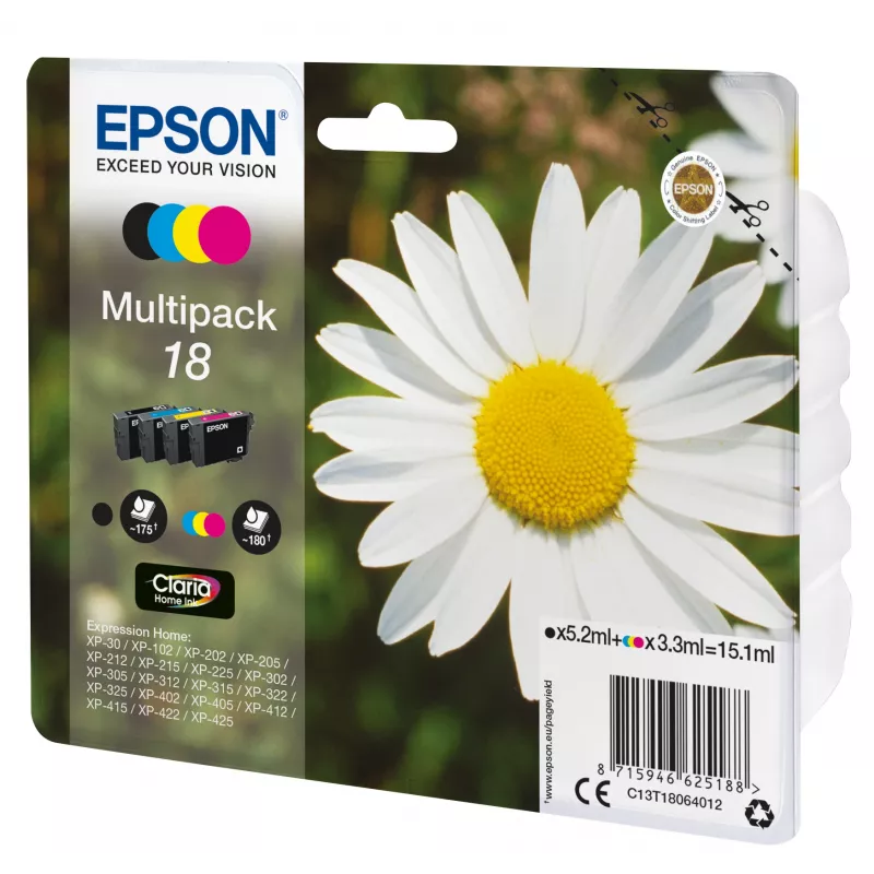 Epson Daisy Multipack 4-colours 18 Claria Home Ink, Black, Cyan, Magenta, Yellow, 5.2 ml, 3.3 ml, 1 pc(s), 175 pages, Multi pack
