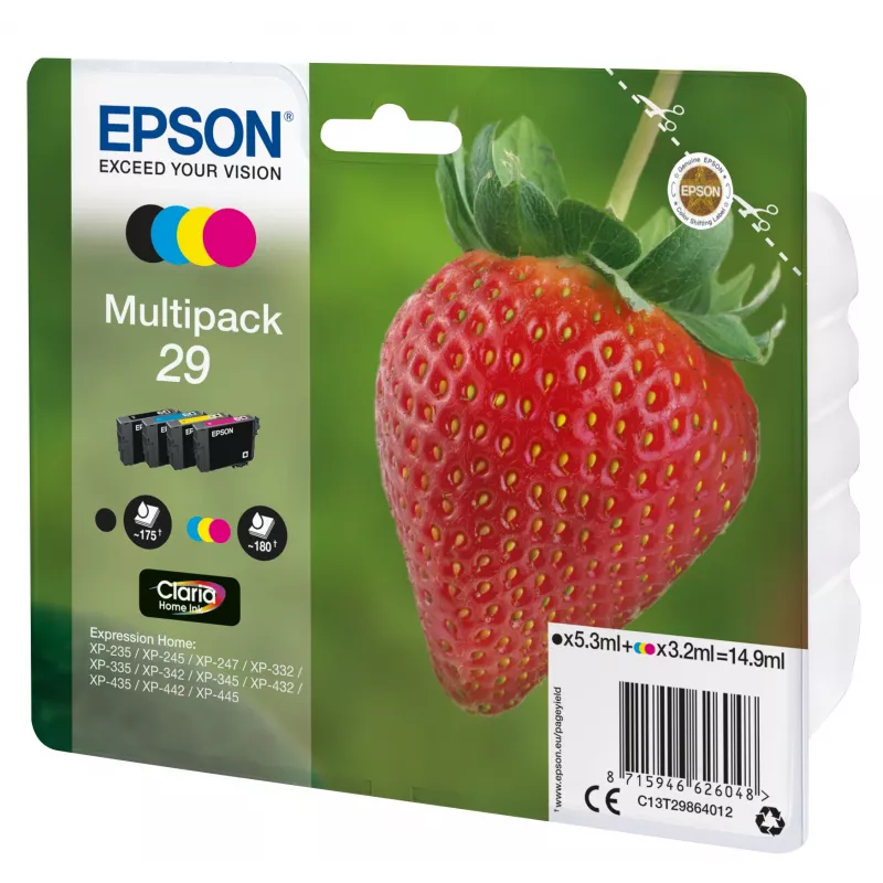 Epson Strawberry Multipack 4-colours 29 Claria Home Ink, Black, Cyan, Magenta, Yellow, 5.3 ml, 3.2 ml, 1 pc(s), 175 pages, Multi pack