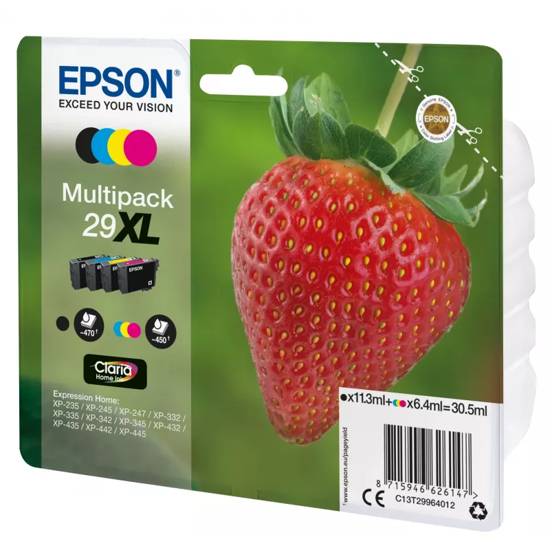 Epson Strawberry Multipack 4-colours 29XL Claria Home Ink, Black, Cyan, Magenta, Yellow, 11.3 ml, 6.4 ml, 1 pc(s), 470 pages, Multi pack